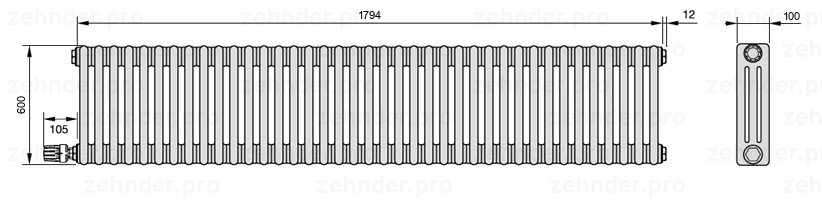Схема (чертеж) Радиатор Zehnder Charleston 3060/39 №V003 Белый глянцевый RAL 9016